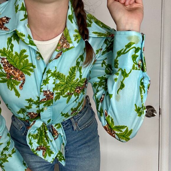 Vintage 1970s Cheetah Jungle Leopard Print Button Up Blouse Long Sleeve AS IS - Picture 5 of 12